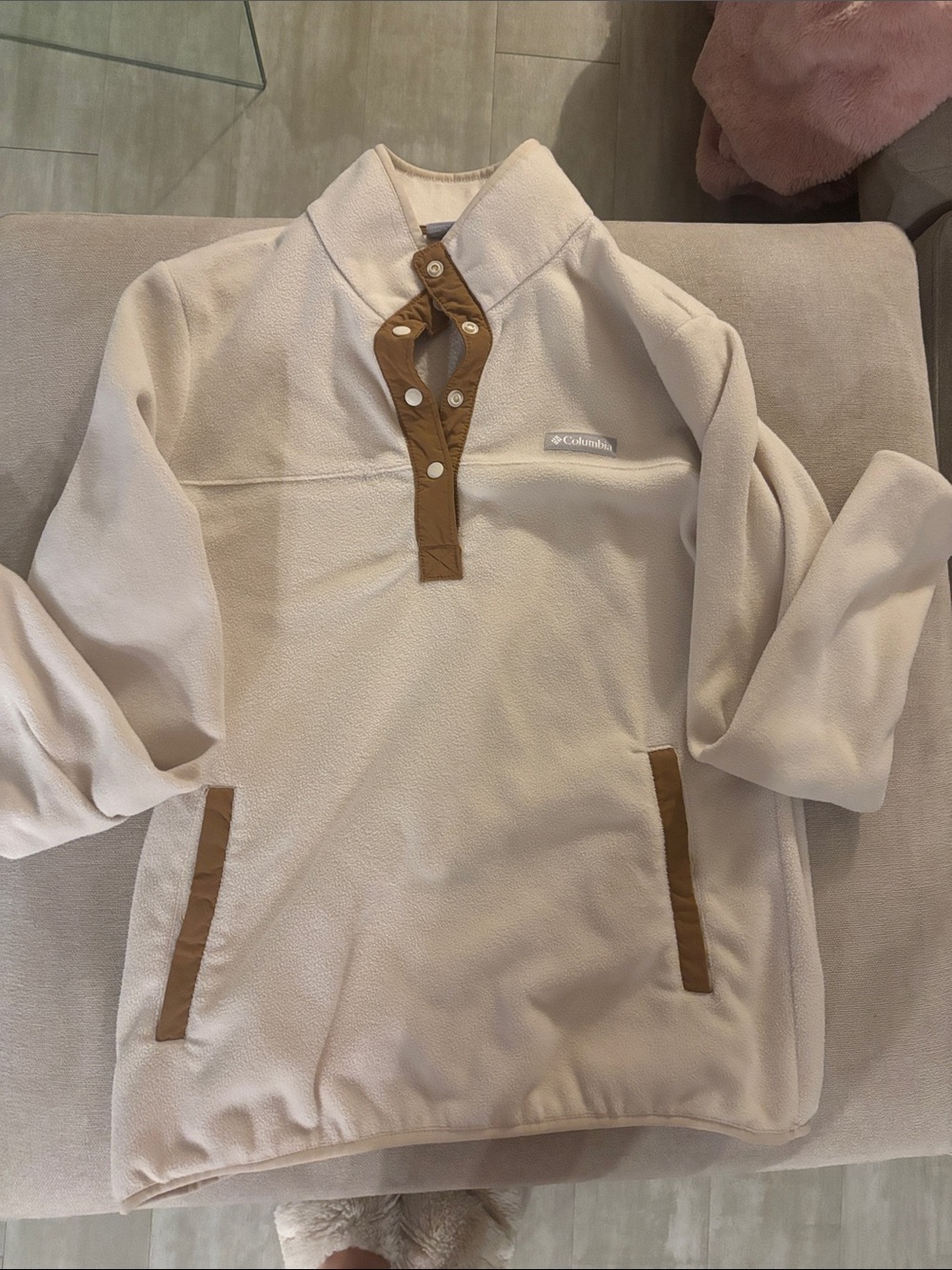 Columbia Cream Fleece Pullover with Brown Snap Placket